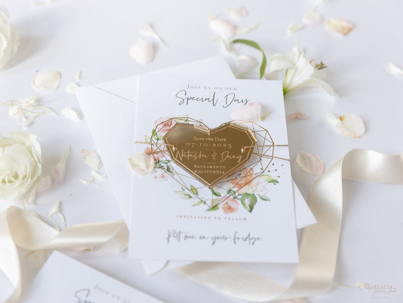 Blush Pink & Gold Geometric Heart Acrylic Mirror Magnet Save the Date Card