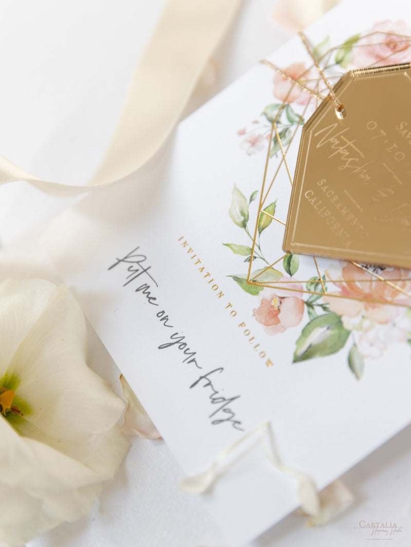 Blush Pink & Gold Geometric Heart Acrylic Mirror Magnet Save the Date Card