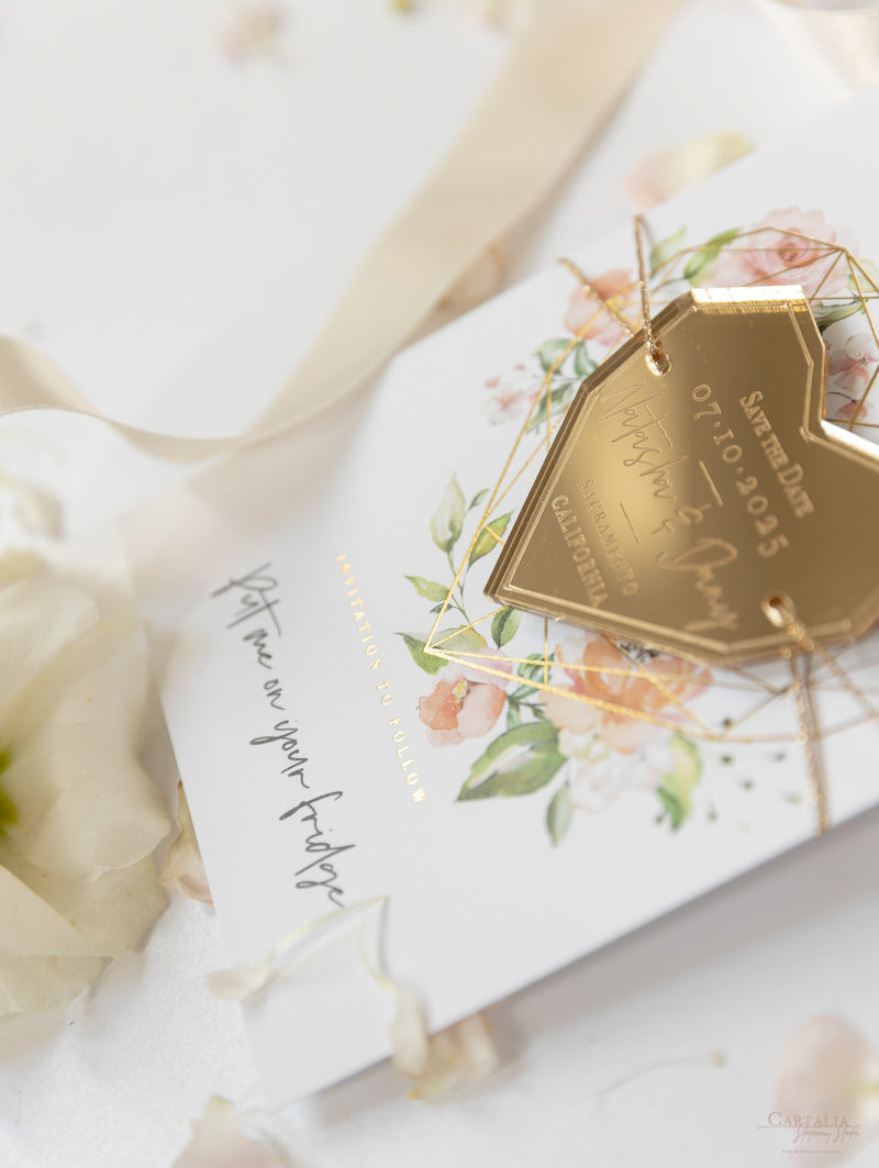 Blush Pink & Gold Geometric Heart Acrylic Mirror Magnet Save the Date Card