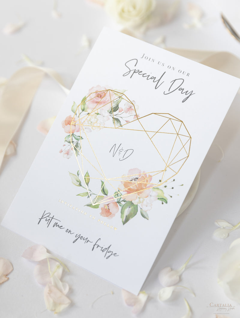 Blush Pink & Gold Geometric Heart Acrylic Mirror Magnet Save the Date Card