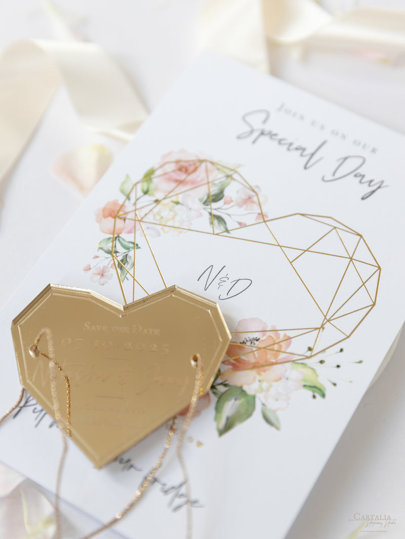 Blush Pink & Gold Geometric Heart Acrylic Mirror Magnet Save the Date Card