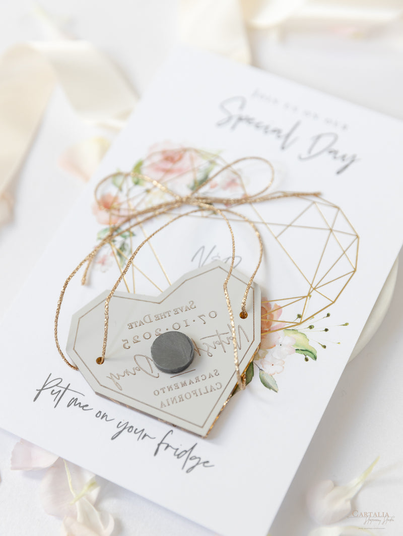 Blush Pink & Gold Geometric Heart Acrylic Mirror Magnet Save the Date Card
