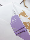 Lilac Purple Compass Passport Wedding Invitation with Real Foil Boarding Pass Invite suite with World Map Liner