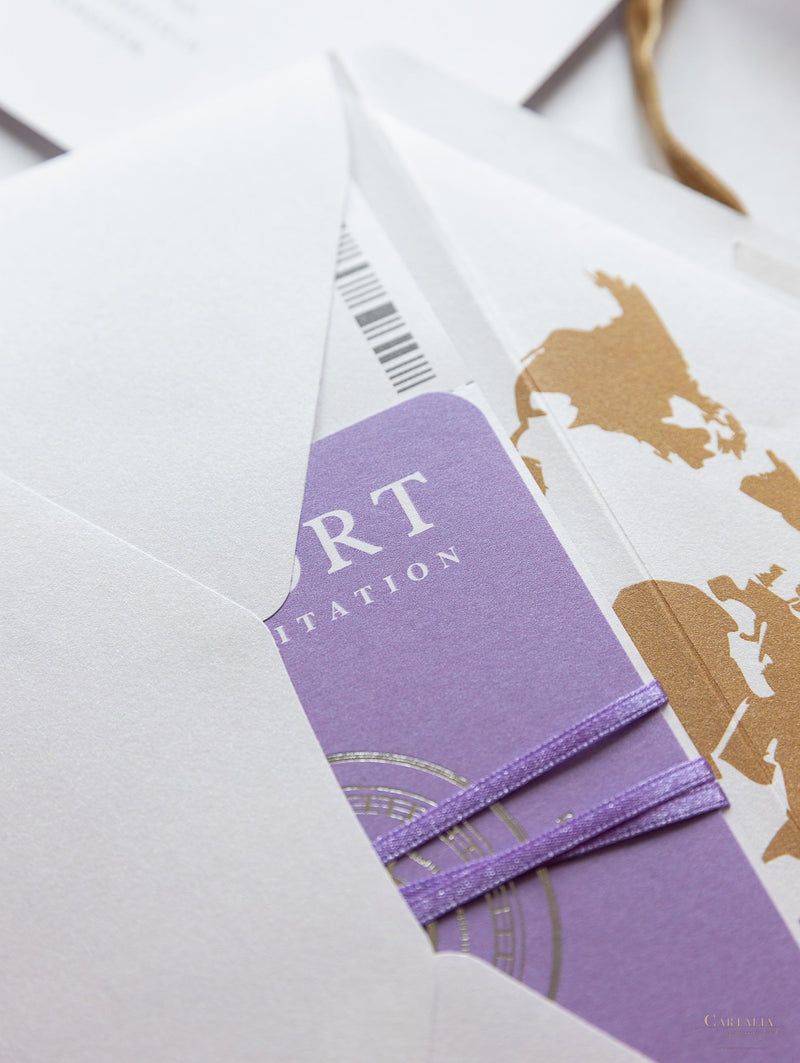 Lilac Purple Compass Passport Wedding Invitation with Real Foil Boarding Pass Invite suite with World Map Liner