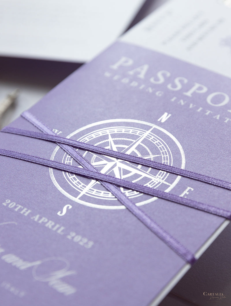 Lilac Purple Compass Passport Wedding Invitation with Real Foil Boarding Pass Invite suite with World Map Liner