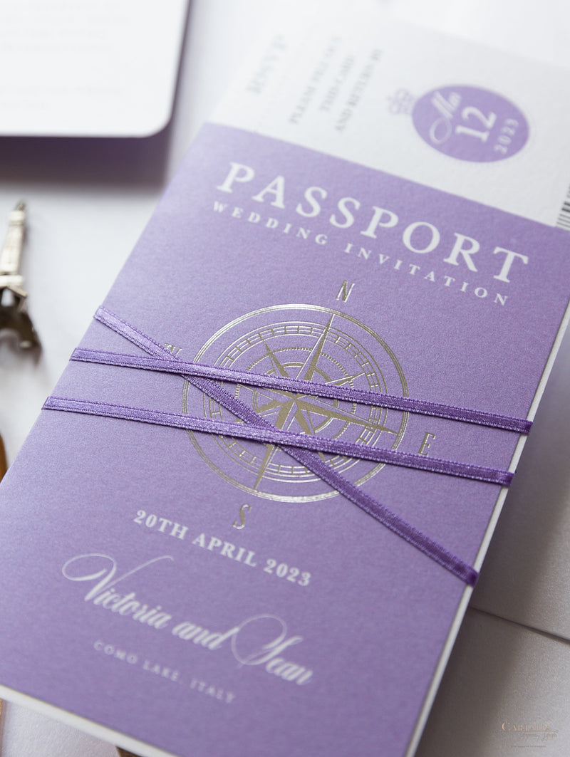 Lilac Purple Compass Passport Wedding Invitation with Real Foil Boarding Pass Invite suite with World Map Liner