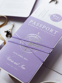 Lilac Purple Compass Passport Wedding Invitation with Real Foil Boarding Pass Invite suite with World Map Liner