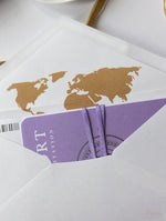 Lilac Purple Compass Passport Wedding Invitation with Real Foil Boarding Pass Invite suite with World Map Liner