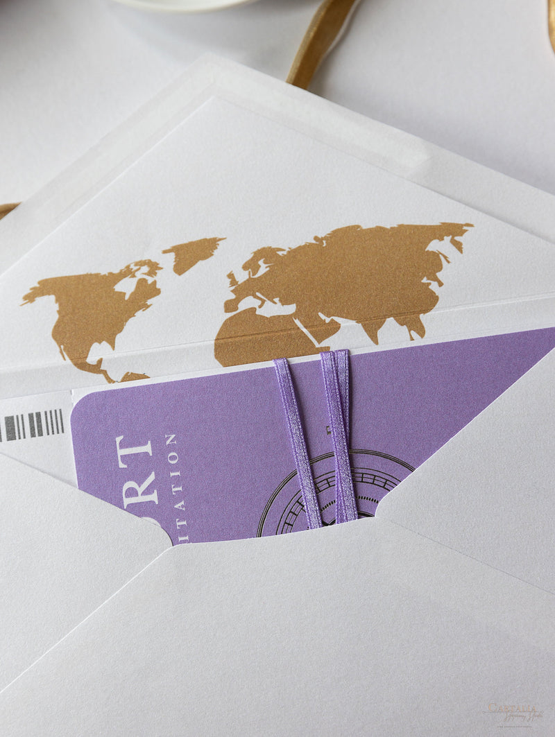 Lilac Purple Compass Passport Wedding Invitation with Real Foil Boarding Pass Invite suite with World Map Liner