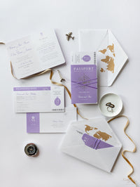 Lilac Purple Compass Passport Wedding Invitation with Real Foil Boarding Pass Invite suite with World Map Liner