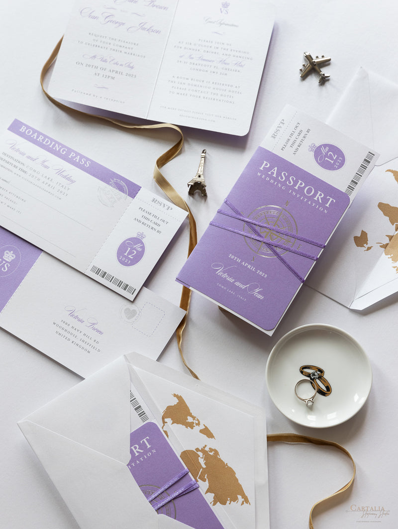 Lilac Purple Compass Passport Wedding Invitation with Real Foil Boarding Pass Invite suite with World Map Liner