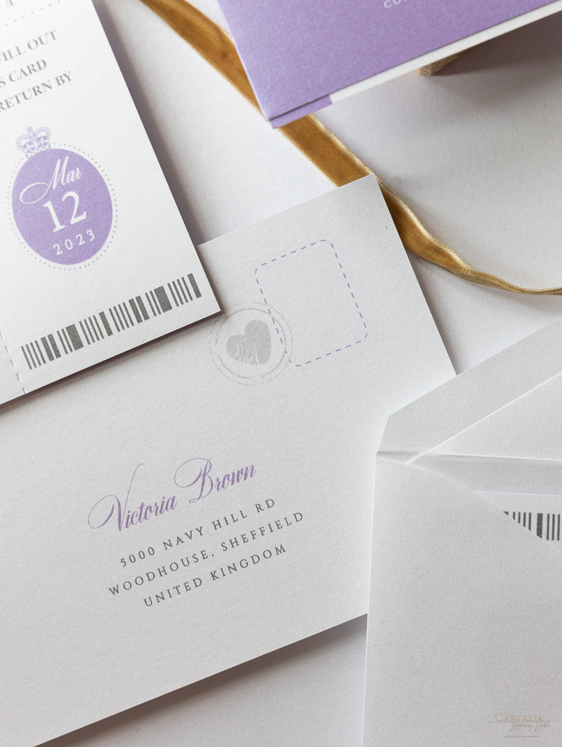 Lilac Purple Compass Passport Wedding Invitation with Real Foil Boarding Pass Invite suite with World Map Liner