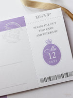 Lilac Purple Compass Passport Wedding Invitation with Real Foil Boarding Pass Invite suite with World Map Liner