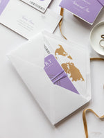 Lilac Purple Compass Passport Wedding Invitation with Real Foil Boarding Pass Invite suite with World Map Liner