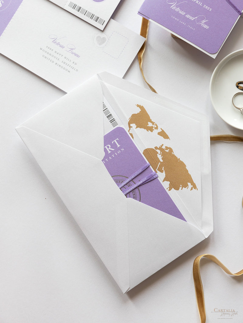 Lilac Purple Compass Passport Wedding Invitation with Real Foil Boarding Pass Invite suite with World Map Liner