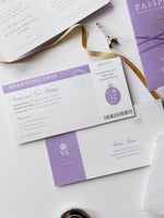 Lilac Purple Compass Passport Wedding Invitation with Real Foil Boarding Pass Invite suite with World Map Liner
