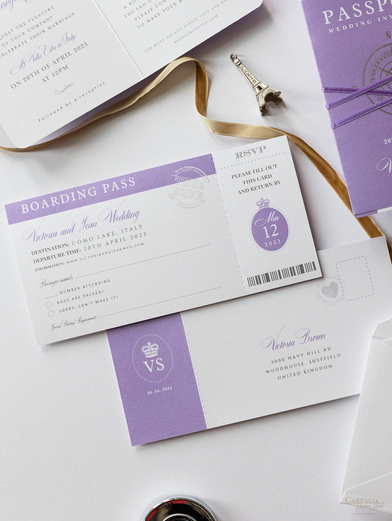 Lilac Purple Compass Passport Wedding Invitation with Real Foil Boarding Pass Invite suite with World Map Liner