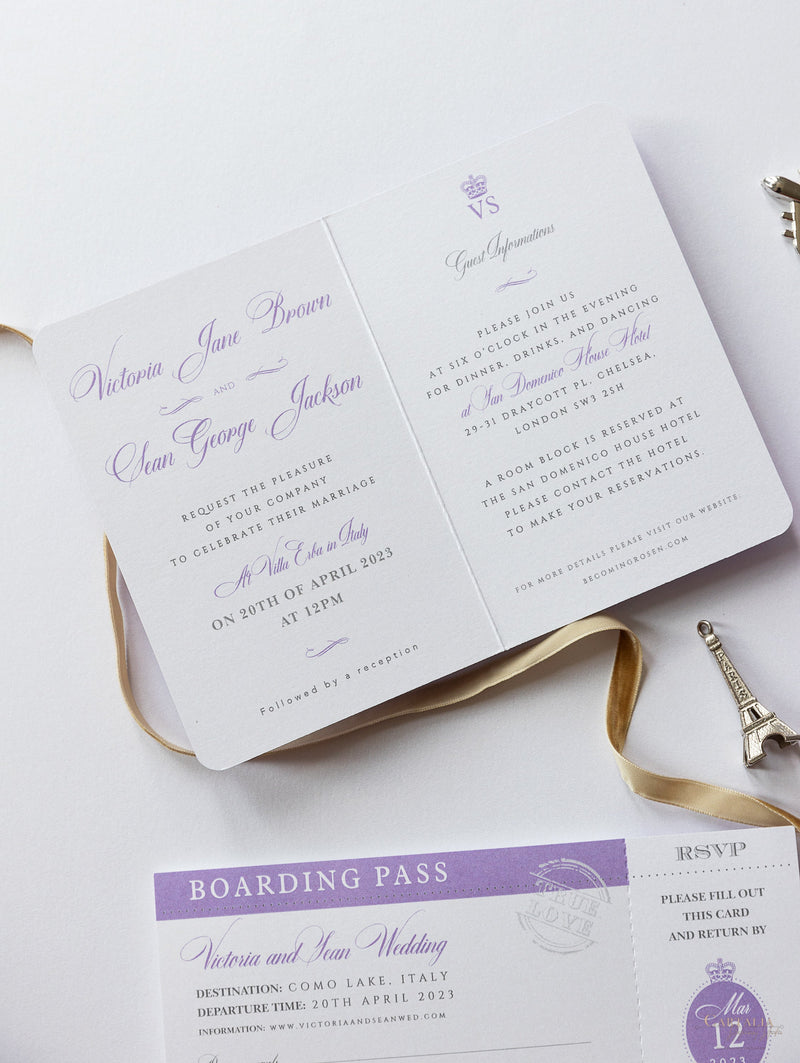 Lilac Purple Compass Passport Wedding Invitation with Real Foil Boarding Pass Invite suite with World Map Liner
