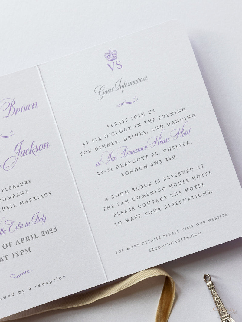 Lilac Purple Compass Passport Wedding Invitation with Real Foil Boarding Pass Invite suite with World Map Liner