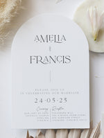 Arch Wedding Invitation | Minimalist Suite with White Ink and Vellum Band
