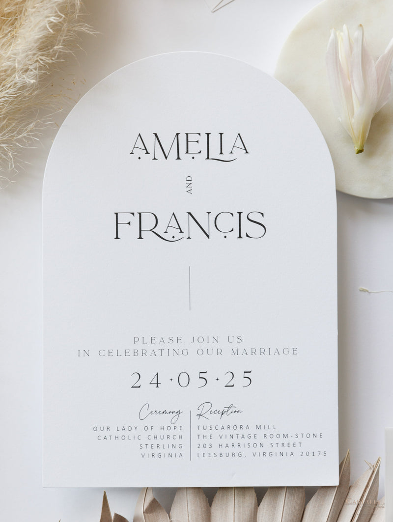Arch Wedding Invitation | Minimalist Suite with White Ink and Vellum Band