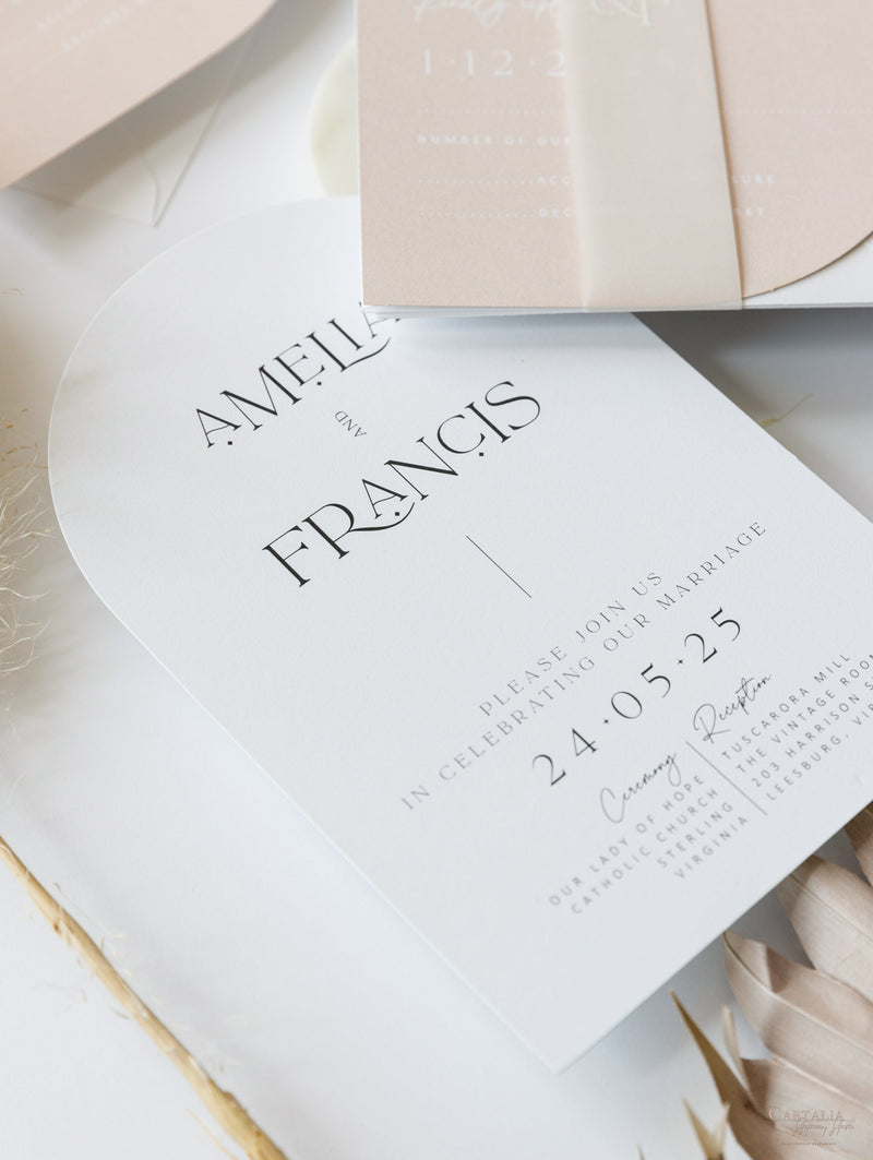 Arch Wedding Invitation | Minimalist Suite with White Ink and Vellum Band