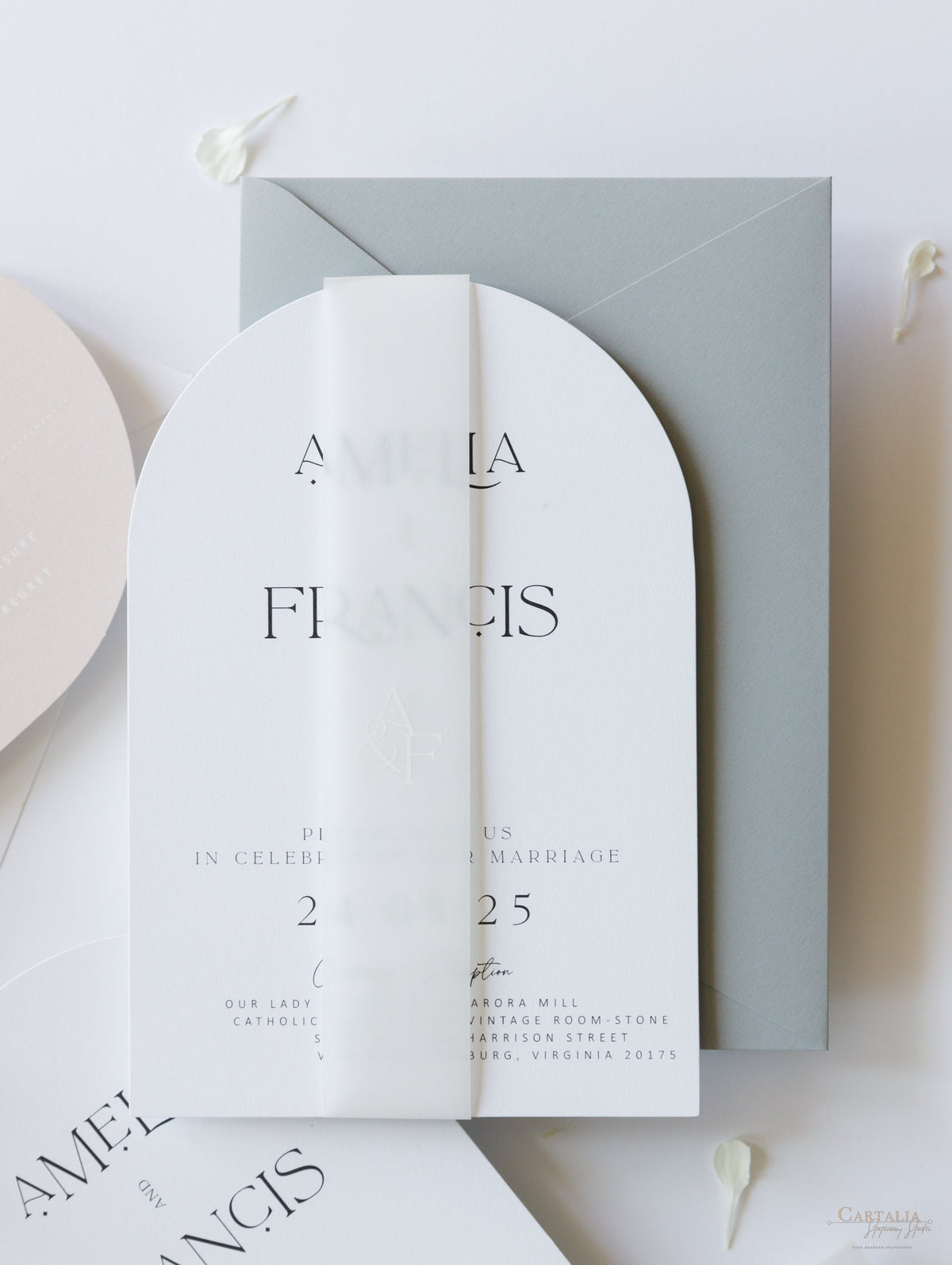 Arch Wedding Invitation | Minimalist Suite with White Ink and Vellum Band