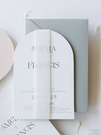 Arch Wedding Invitation | Minimalist Suite with White Ink and Vellum Band