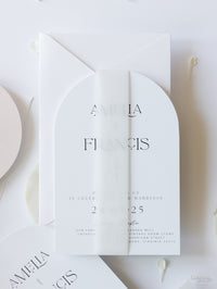 Arch Wedding Invitation | Minimalist Suite with White Ink and Vellum Band