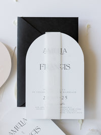 Arch Wedding Invitation | Minimalist Suite with White Ink and Vellum Band