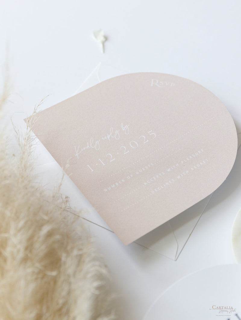 Arch Wedding Invitation | Minimalist Suite with White Ink and Vellum Band