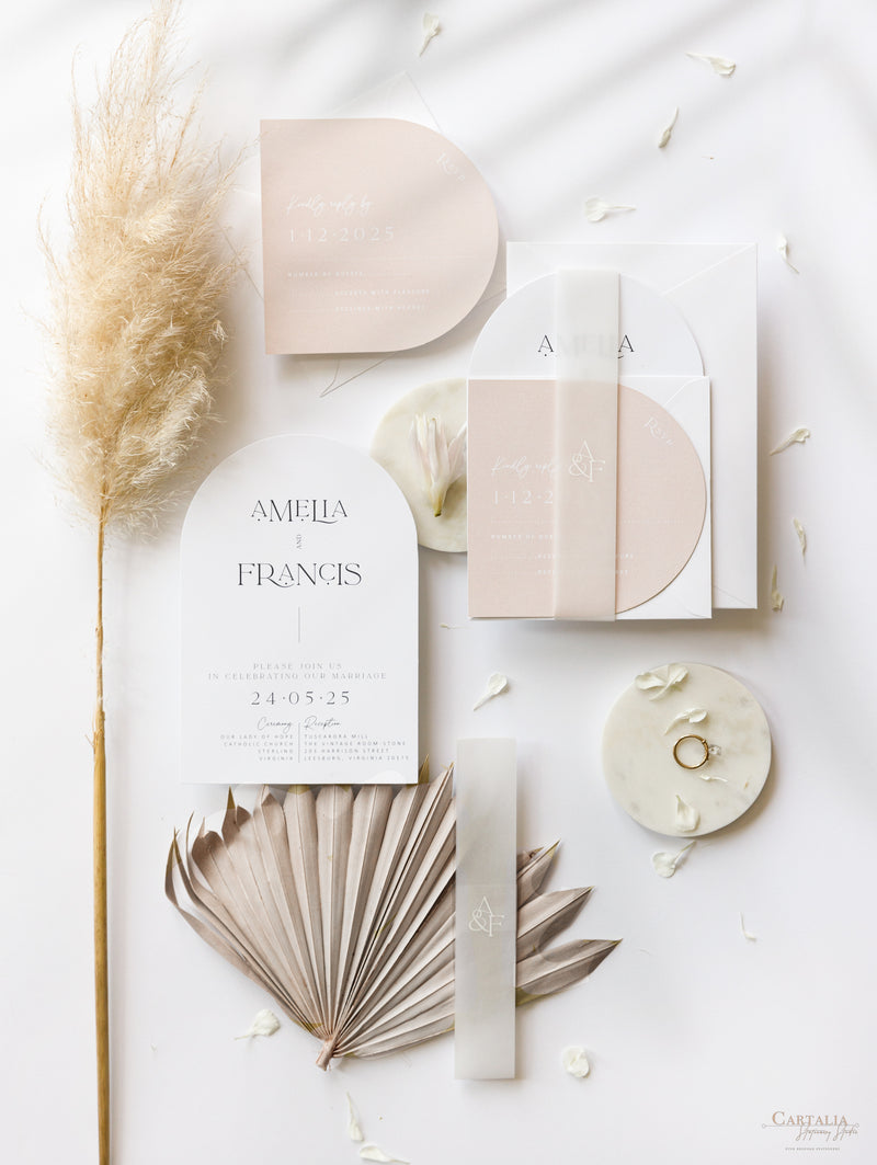 Arch Wedding Invitation | Minimalist Suite with White Ink and Vellum Band
