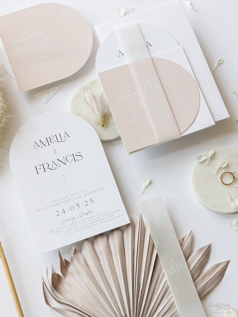 Arch Wedding Invitation | Minimalist Suite with White Ink and Vellum Band