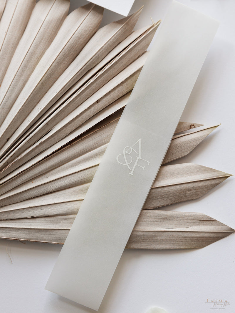 Arch Wedding Invitation | Minimalist Suite with White Ink and Vellum Band