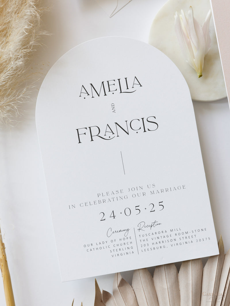 Arch Wedding Invitation | Minimalist Suite with White Ink and Vellum Band