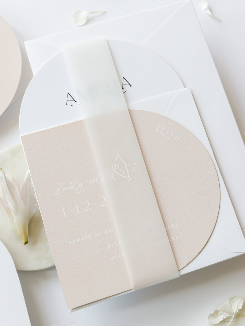Arch Wedding Invitation | Minimalist Suite with White Ink and Vellum Band