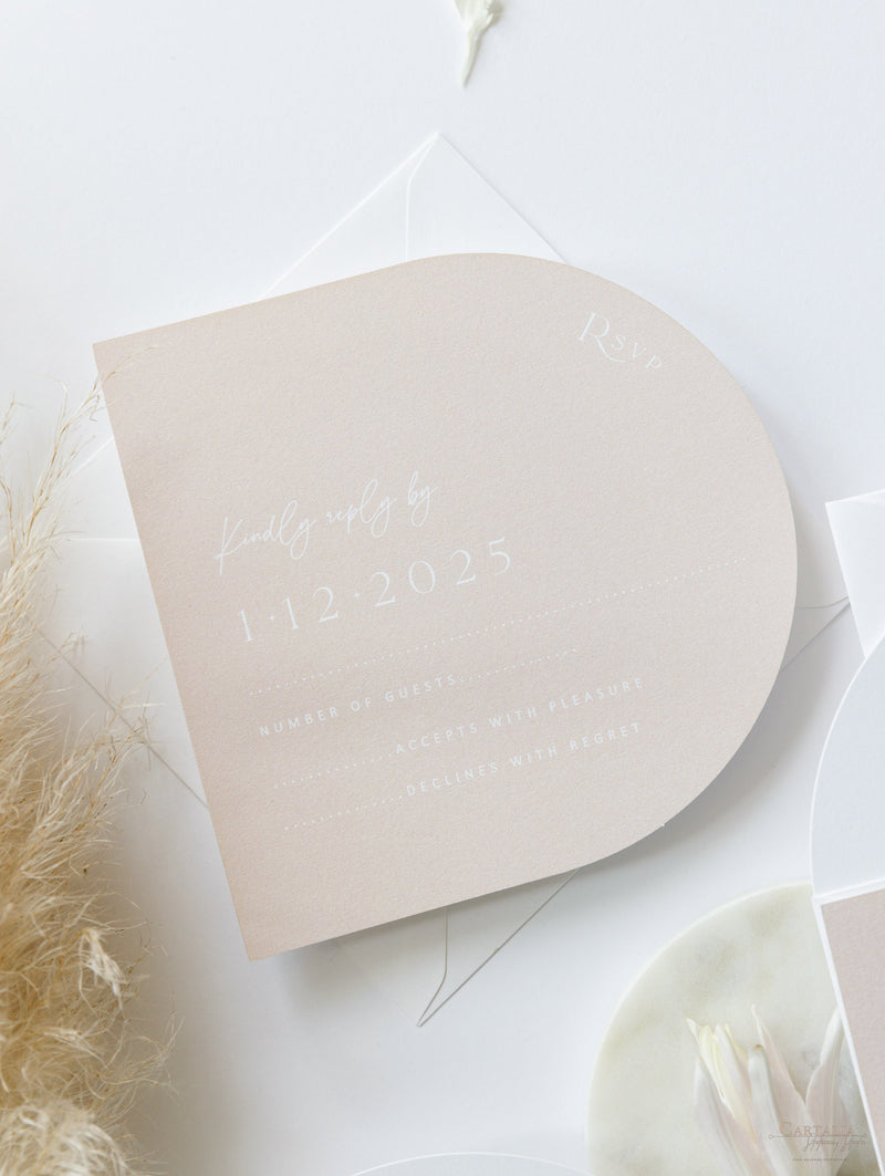 Arch Wedding Invitation | Minimalist Suite with White Ink and Vellum Band