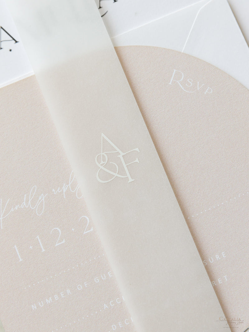 Arch Wedding Invitation | Minimalist Suite with White Ink and Vellum Band