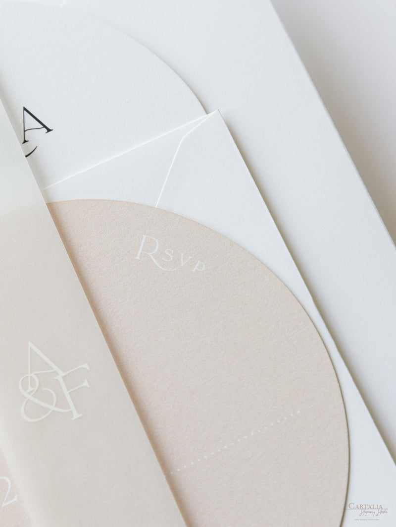 Arch Wedding Invitation | Minimalist Suite with White Ink and Vellum Band