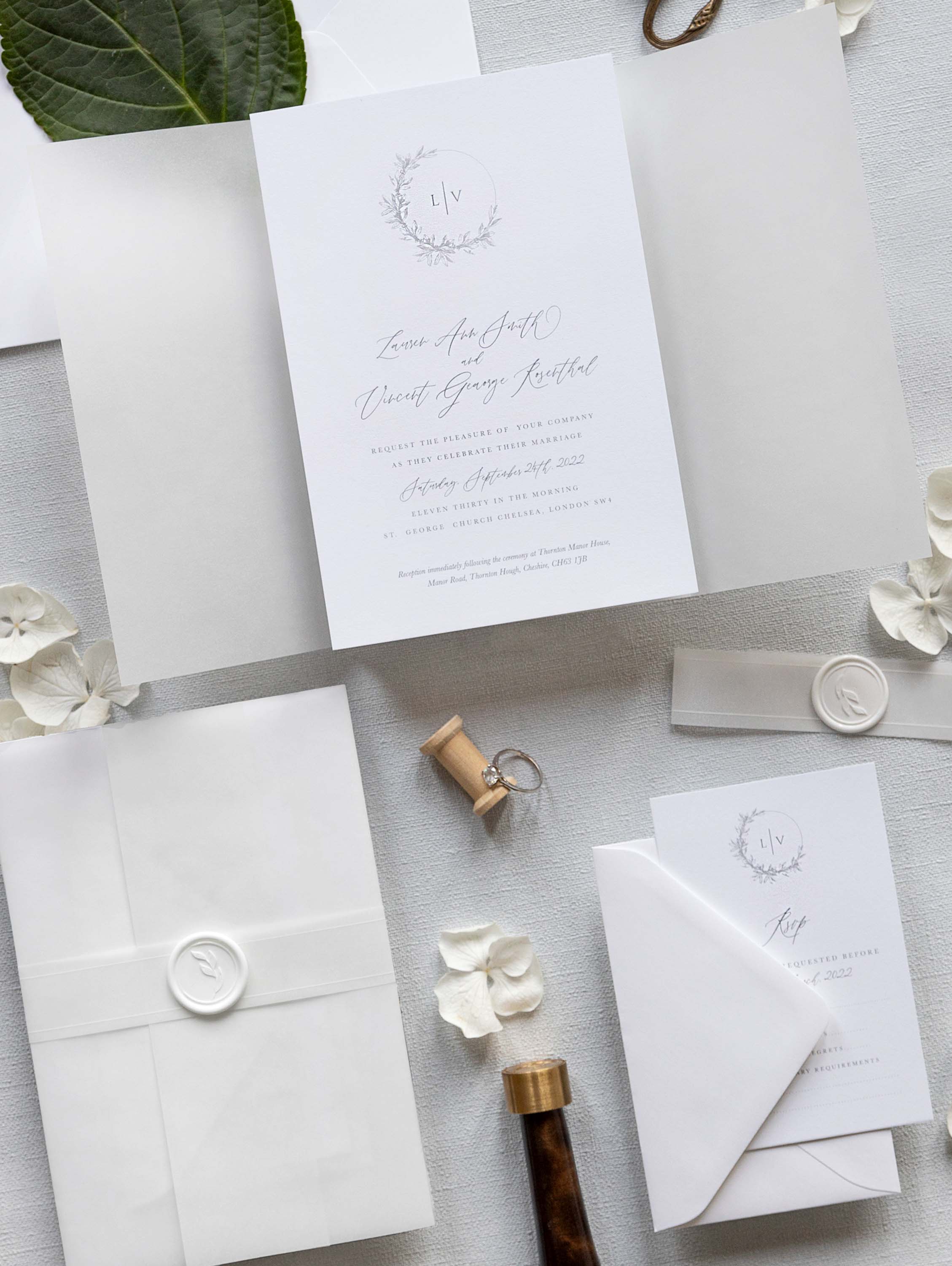 Modern Calligraphy Vellum Wrap Wedding Invitation Suite with White
