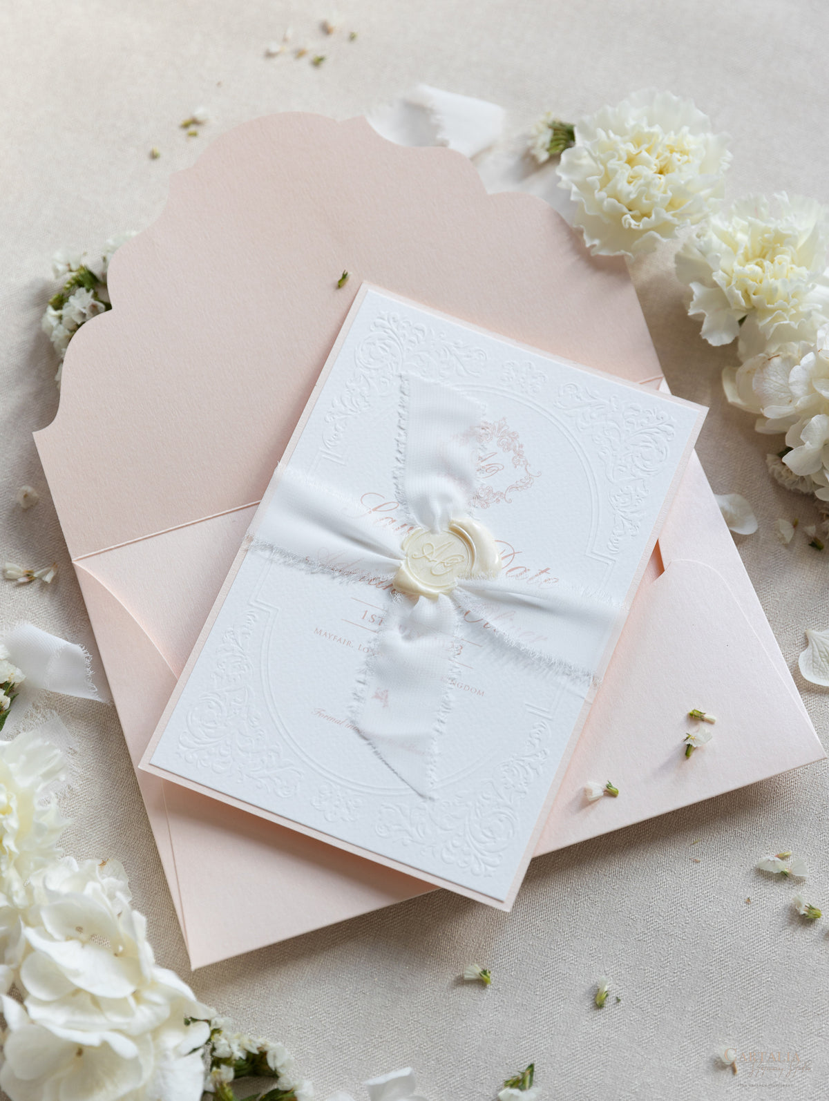Embossed Romantic Save the Date Card with Hand Torn Ribbon & Wax Seal