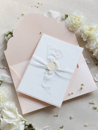 Embossed Romantic Save the Date Card with Hand Torn Ribbon & Wax Seal