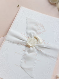 Embossed Romantic Save the Date Card with Hand Torn Ribbon & Wax Seal