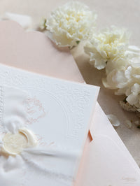 Embossed Romantic Save the Date Card with Hand Torn Ribbon & Wax Seal