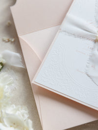 Embossed Romantic Save the Date Card with Hand Torn Ribbon & Wax Seal