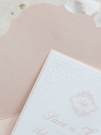 Embossed Romantic Save the Date Card with Hand Torn Ribbon & Wax Seal