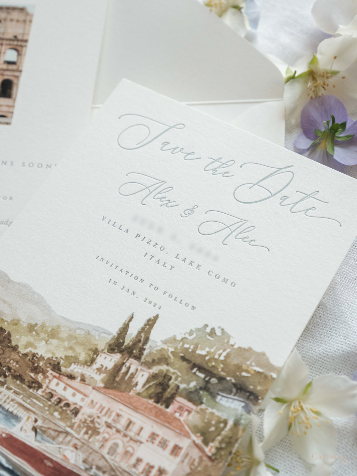Luxury Hand Painted Save The Date with Venue Watercolour & Wax Seal |  Villa Pizzo, Lake Como,Italy