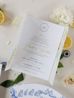 Invitación de boda del día de vitela de limón siciliano con etiqueta de espejo