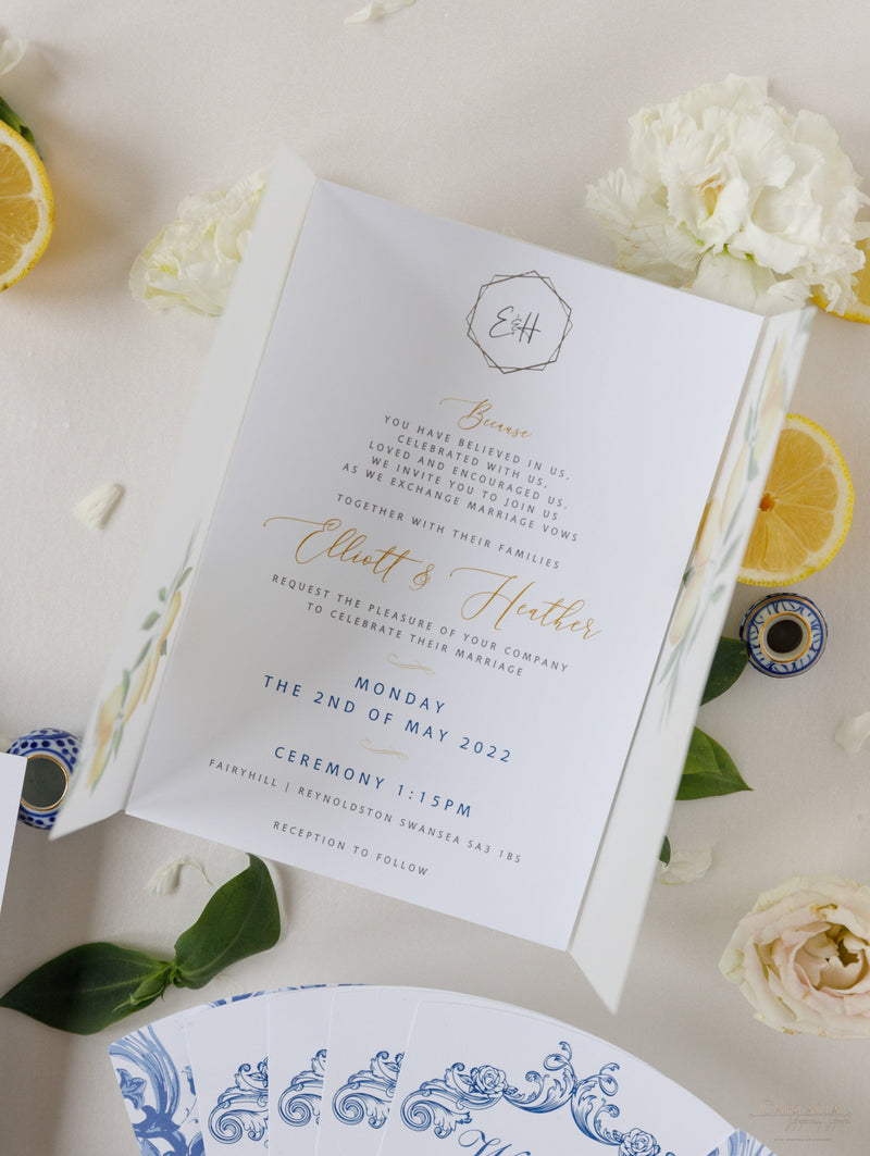 Invitación de boda del día de vitela de limón siciliano con etiqueta de espejo