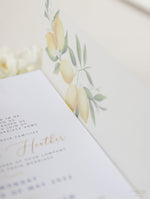 Invitación de boda del día de vitela de limón siciliano con etiqueta de espejo